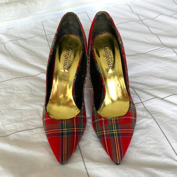 Holiday Red Plaid 4" Heel Shoes Size 9 EUC - Picture 1 of 14